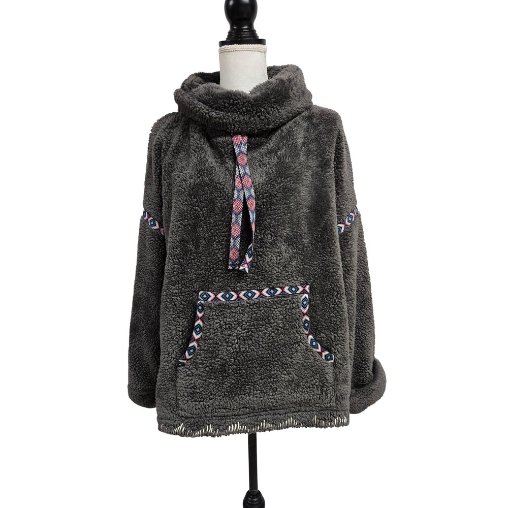 Sundance Sherpa Fleece Cowl Neck Hoodie Embroidered Trim Gray‎ Oversized S
